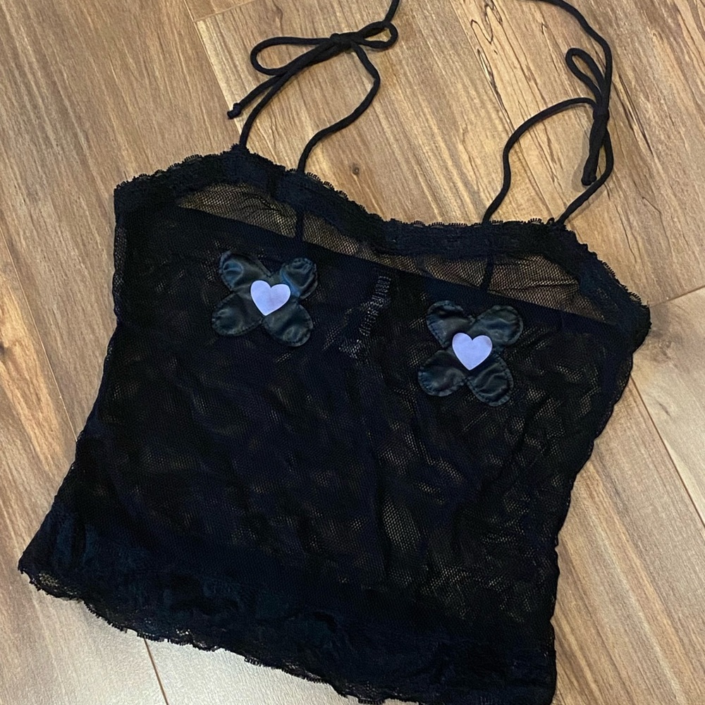 Current Mood Black fishnet and lace Camisole with Purple Heart Details
